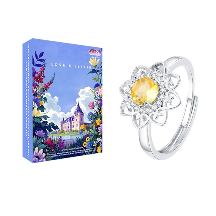 Inel Pentru femei moderne LOVE&ELIXIR #013 Design floare-soare rotativa Tema solara Cadou Bijuterii intalniri cuplu Cadou aniversare Coordonare dineu Zircon galben Structura cupru Reglabil