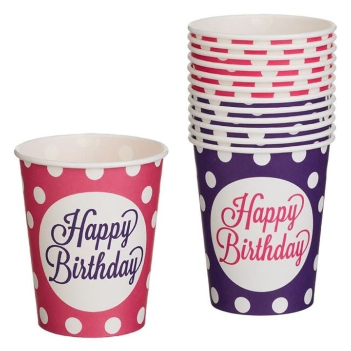 Парти Чаши от Картон Фуксия Лилаво с Точки „Happy Birthday“ – 240 мл, Комплект 12 броя – Весел детайл за твоя рожден ден! ANTBRO ®