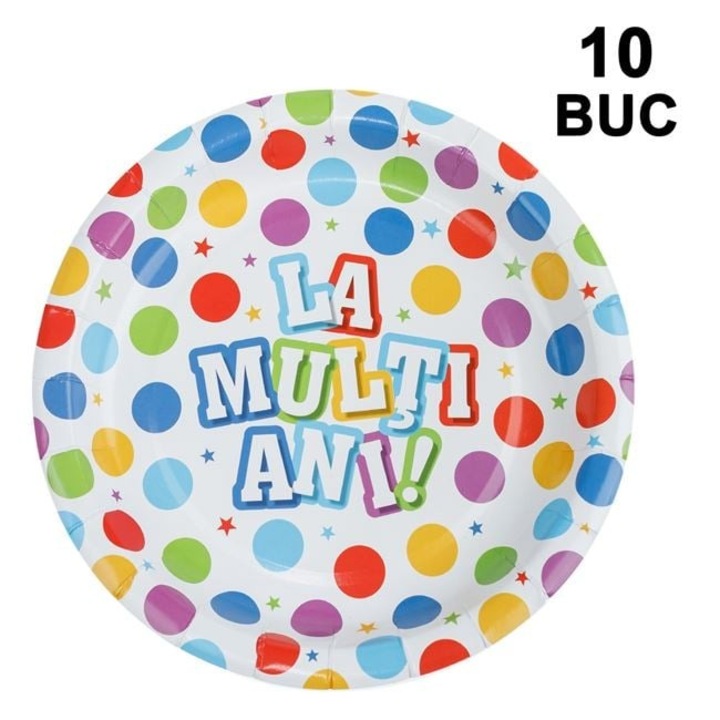 Farfurii de Petrecere din Carton Buline „La Multi Ani!” – 23 cm, Set 10 bucati – pentru orice aniversare! ANTBRO ®