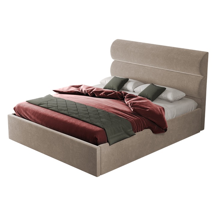 Pat dublu tapitat Paris, cadru lemn si pal, 160x200 cm, bej, cu somiera fixa