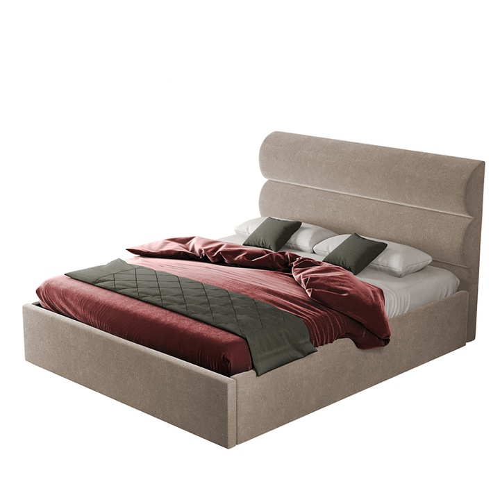 Pat dublu tapitat Paris, cadru lemn si pal, 160x200 cm, bej, cu somiera rabatabila si lada depozitare