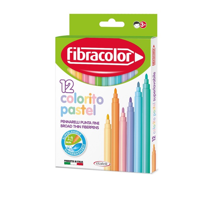 Carioci Fibracolor Colorito Pastel, set 12 culori, multicolor