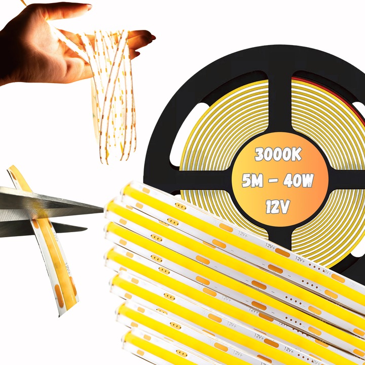 Banda LED Luxa COB 12V 5m 8W/m lumina calda 3000K IP20