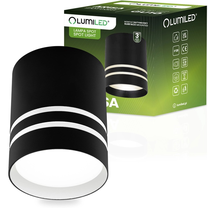 Felületre szerelhető spotlámpa cső, GU10, kerek, fekete, 80 mm