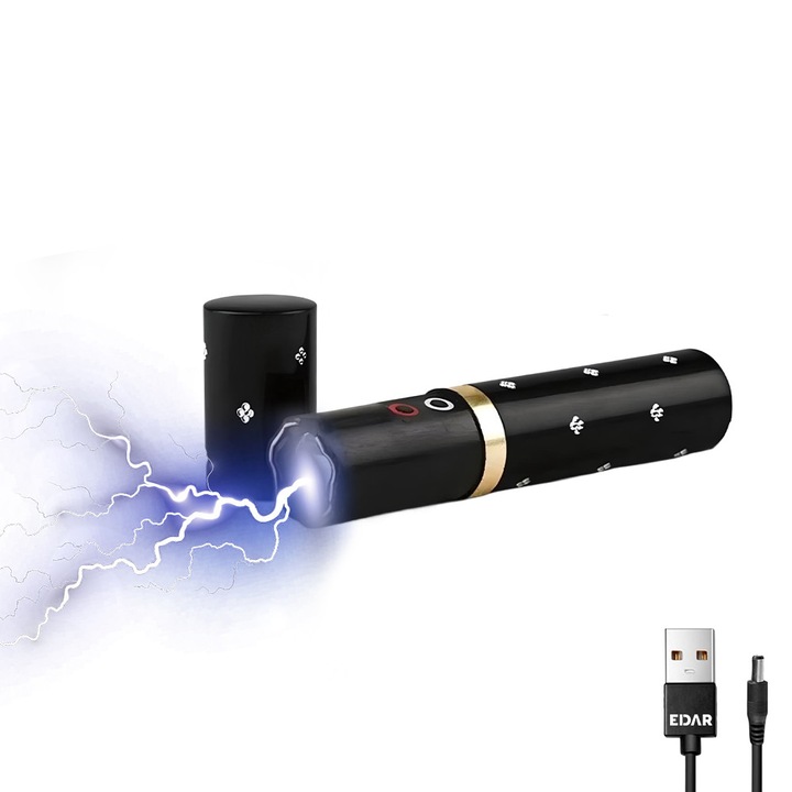 Dispozitiv Electrosoc EDAR, Pentru Autoaparare, De Buzunar, Tip Ruj, Anti Animale, Lanterna Inclusa, 5000K Volti, Reincarcabil USB, Negru