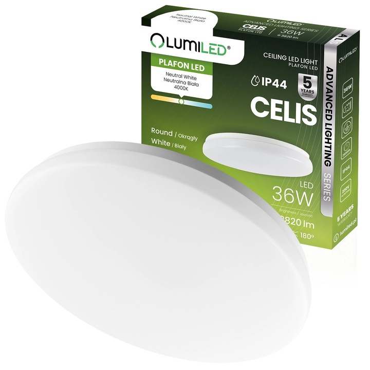 LED таванна лампа Lumiled, 36W, 4000K, 3820lm, 106 lm/W, IP44, бяла