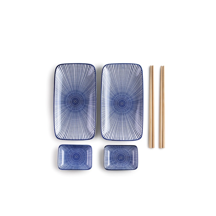Set sushi 6 piese Ibili, portelan/bambus, albastru