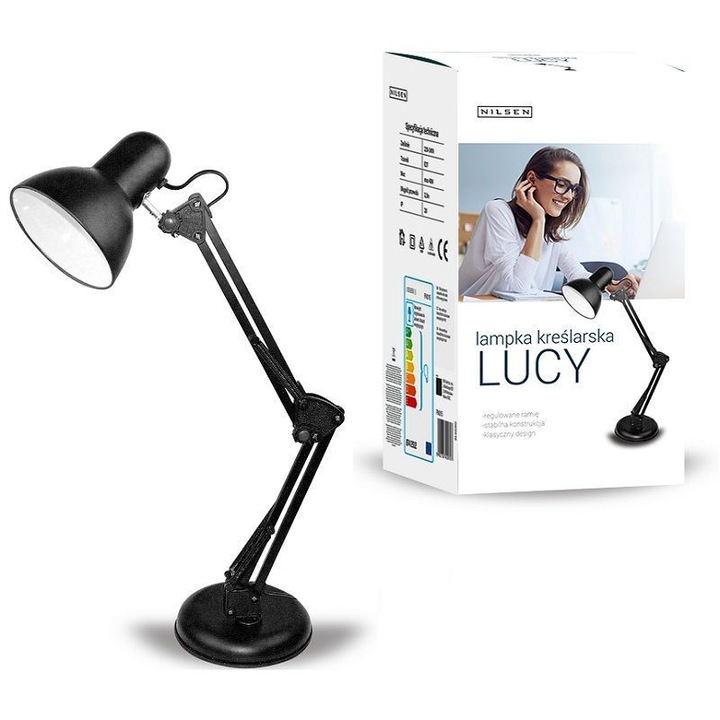 Lampa de birou Nilsen, LUCY, E27, metal, 40W, neagra, 57cm