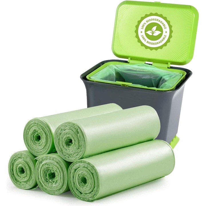 Pachet de 100 de saci de gunoi biodegradabili, saci de gunoi compostabili biodegradabili cu grosimea de 20 l pentru alimente, deseuri menajere, de gradina in bucatarie, birou, casa, animale de companie