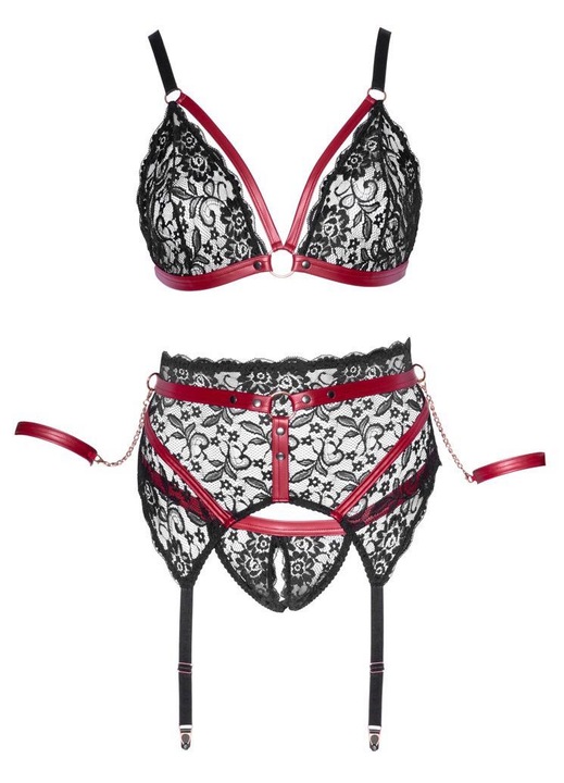 Set lenjerie sexy, Cottelli, sutien, portjartier, chiloti, poliamida/elastan, negru/rosu, XL INTL