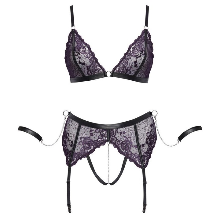 Set suspensor Cottelli BONDAGE, sutien fara fir, chilot cu deschidere, poliamida, violet inchis, 2XL