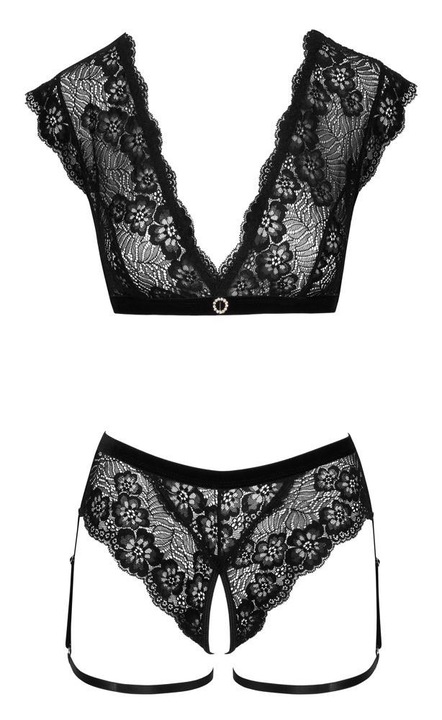 Set lenjerie sexy, Cottelli, top din dantela si chiloti cu croi inalt, poliamida/elastan, negru