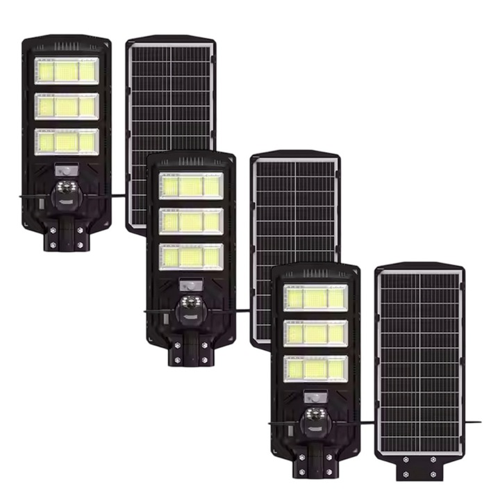 3 db napelemes lámpa szett megfigyelő kamerával, Optim Solution, folyamatos felügyelet, integrált világítás és biztonság, energiahatékony teljesítmény, 300 W fényteljesítmény, adattárolás és hozzáférés, állítható elforgatási szög, IP65, fekete