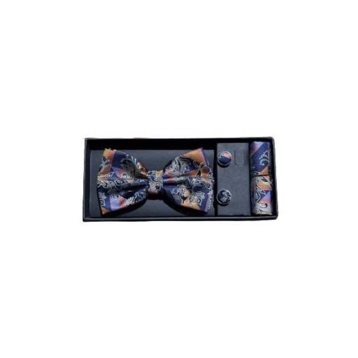 Papion pentru barbati, set 3 piese, Cu batista si butoni, Multicolor