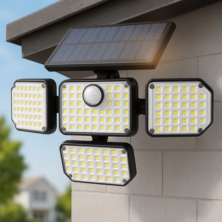 Lampa Solara LED pentru Exterior G-Merc®, 3000lm, 6500K, cu Senzor de Miscare, 181 LED-uri, Baterie 2400mAh, Autonomie 10 ore, 3 Moduri de Iluminare, Rezistenta la Apa si Temperaturi Extreme IP65, Telecomanda, Lumina Alba/Rece, Alb/Negru