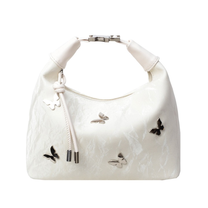 Geanta de dama alba, design de lux, satin, 23x13x10cm, cu curea de umar detasabila, stil oriental elegant