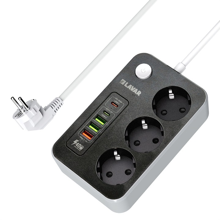 Разклонител Lavar, 3 гнезда, 2м, USB и Type-C, 16А