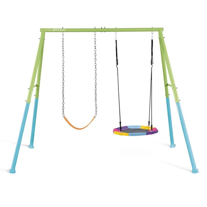 Детска люлка, поцинкована стоманена рамка с прахово покритие, сигурна система за закрепване към земята, регулируема височина на въжето, Intex, 235 см x 254 см x 200 см