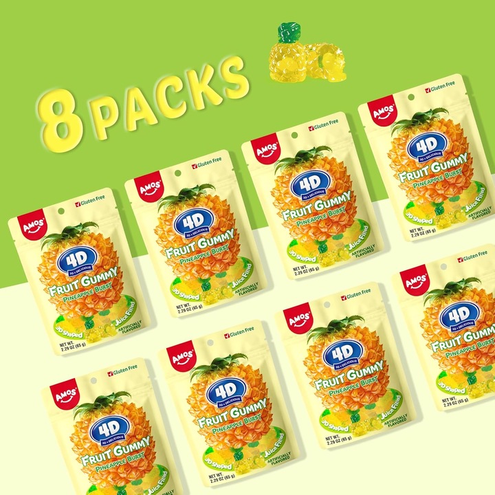 Комплект Желирани Бонбони AMOS 4D, Ананас, 8х65г