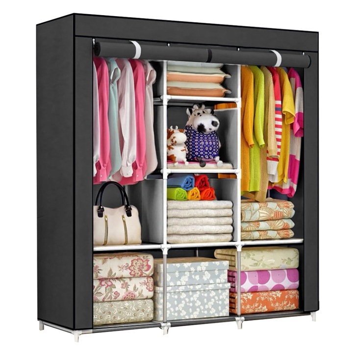 Текстилен гардероб Teno® за дрехи и обувки, водоустойчив, 8 рафта, закопчаване с цип, държач за закачалка, стоманена рамка, 170 см, черен