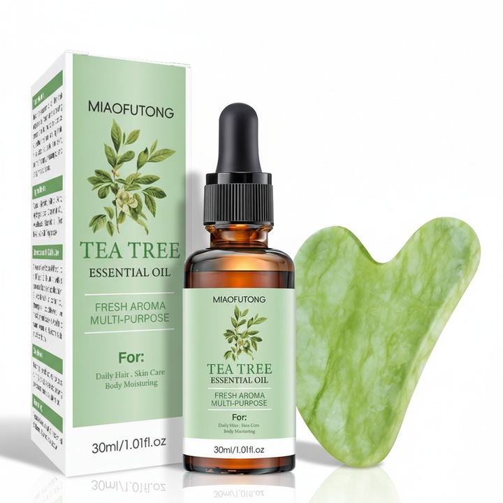 Aparat de masaj Gua Sha din jad Xiuyan + ulei esential Tea Tree, 30 ml – stimuleaza circulatia, reduce tensiunea, imbunatateste conturul fetei, unisex