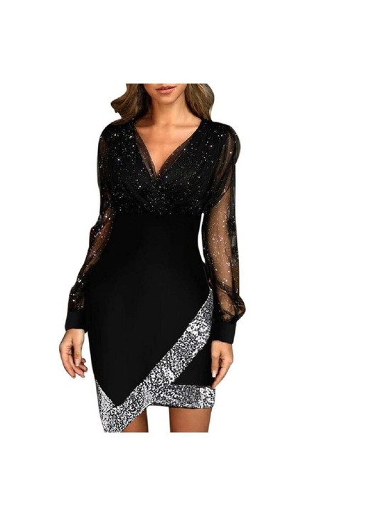 Rochie mini cu decolteu in V, maneci lungi, detalii cu paiete, neagra, Poliester, M