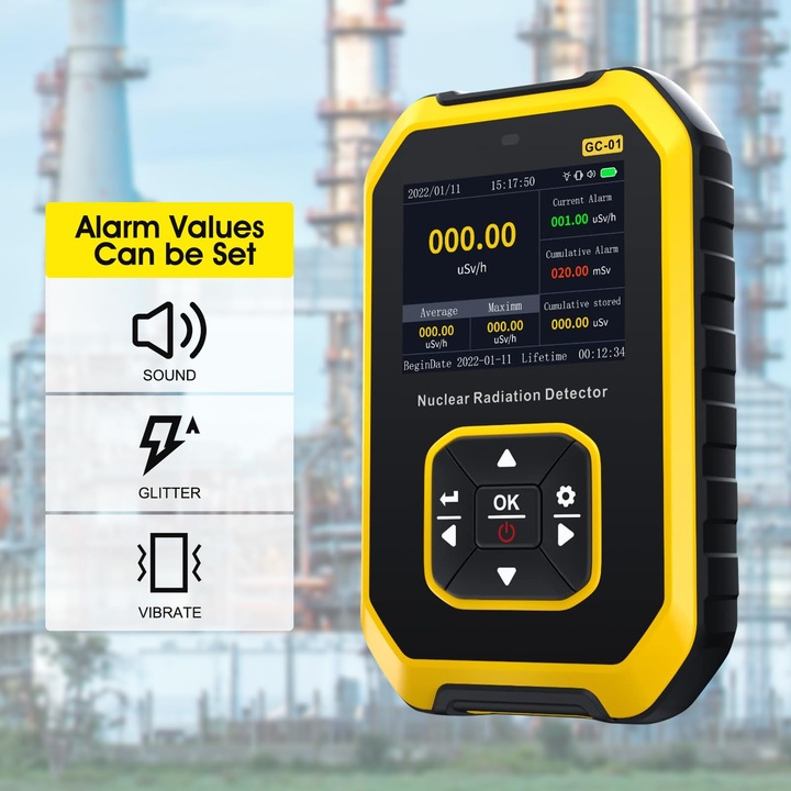 Detector de radiatii Geiger GC-01, alarma inteligenta, portabil, 0.00uSv-500.0mSv, 48KeV-1.5MeV, functionare cu o singura mana