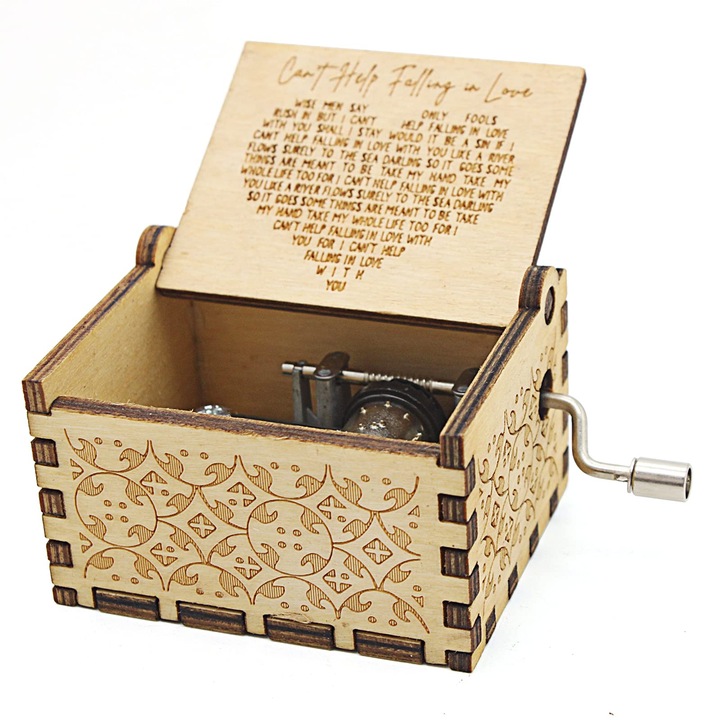 Cutie muzicala din lemn, "Can't Help Falling in Love", design vintage, 6.5x5.5x4cm, cadou pentru indragostiti