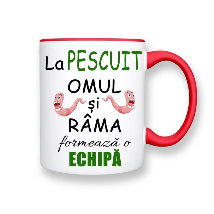 Cana personalizata pentru Pescar cu mesaj:"la pescuit omul si rama formeaza o echipa", Betaprint, alba cu interior rosu, 330ml