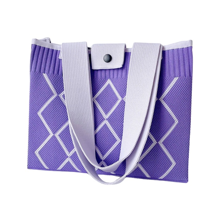 Geanta de dama, tricotata, stil nordic, model grilaj simplu, capacitate mare, geanta tote, 35×32×8 cm, violet