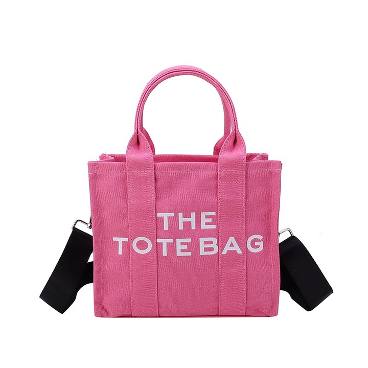 Geanta shopper dama din panza, dimensiune mica, cu imprimeu logo The Tote Bag, geanta tote, 25x21x10 cm, roz