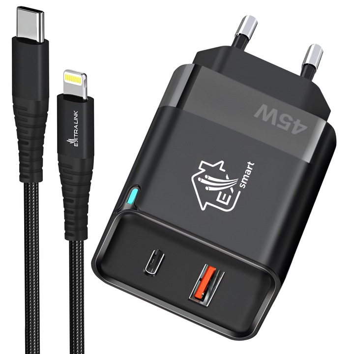 Зарядно Extralink Smart Life Set 45W GaN, 1x USB-C 1x USB-A + USB-C кабел - 27W, 200 cm