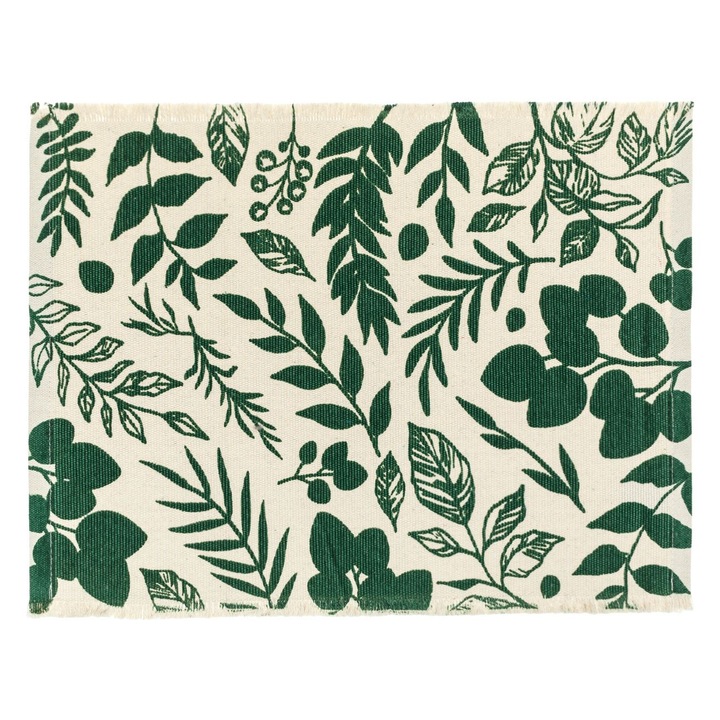 Suport Farfurii Bej cu Model Frunze Verzi din Bumbac 42x30cm