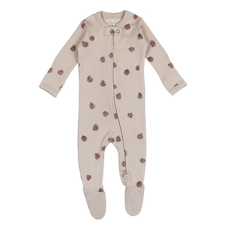 Body bebe din bumbac organic certficat GOTS, cu fermoar, talpite antiderapante si manusi, Oatmel Pinecone, 9-12 luni