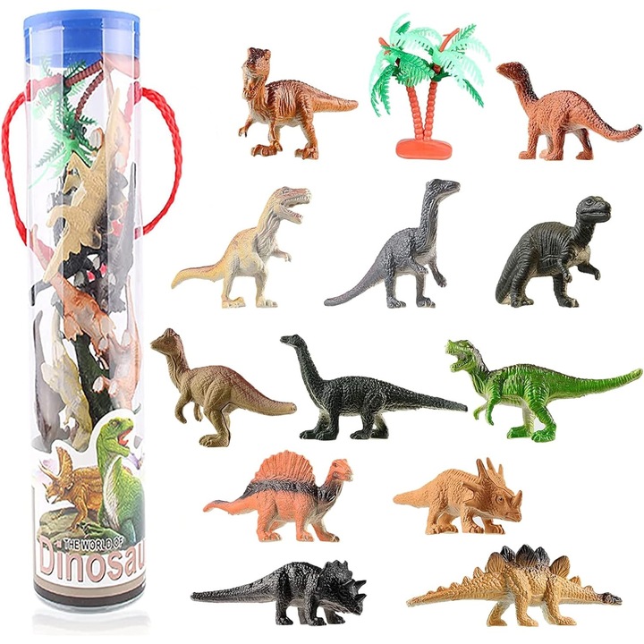 Set 12 figurine dinozauri HERUSI multicolor 3-4x7-8cm cu copac cocos
