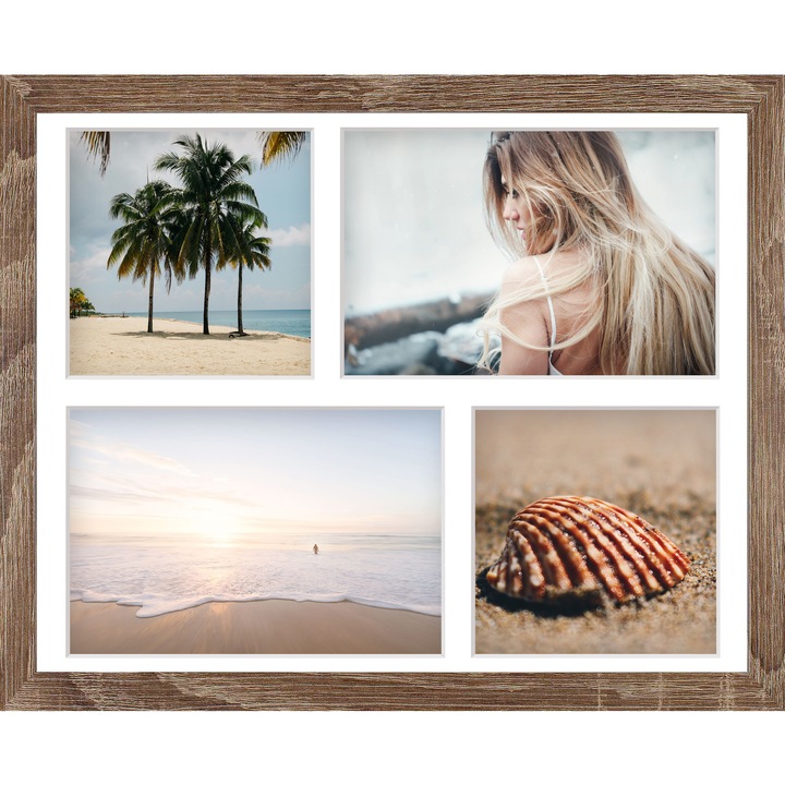 Rama foto, rama tablou, rama pentru postere, afise sau obiecte decorative – dimensiuni 24x30x4 cm – din lemn cu plexiglas, 4 compartimente pentru fotografii – montaj pe perete si/sau asezare pe birou – stejar