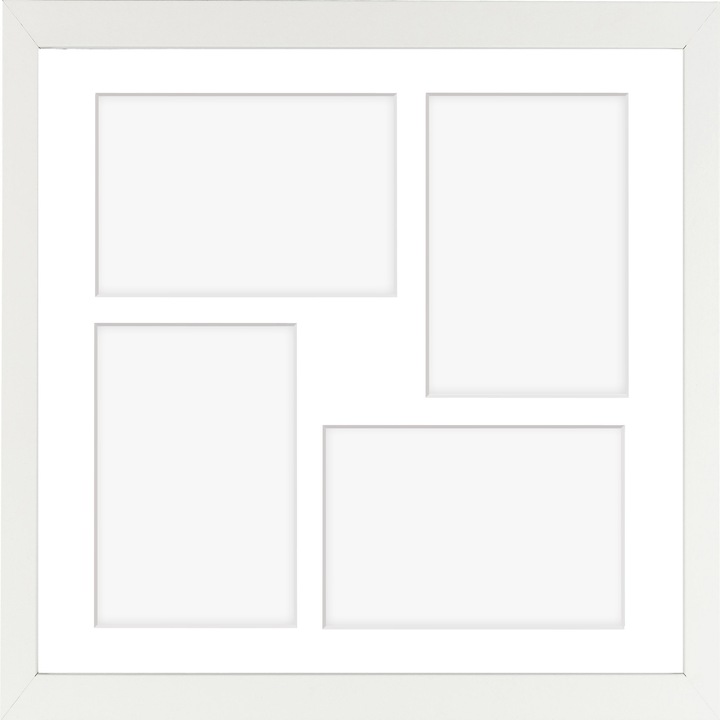 Rama foto colaj, rama decorativa pentru 4 fotografii – aFFa 34x34x4 cm – din lemn alb cu plexiglas de 1 mm – alb