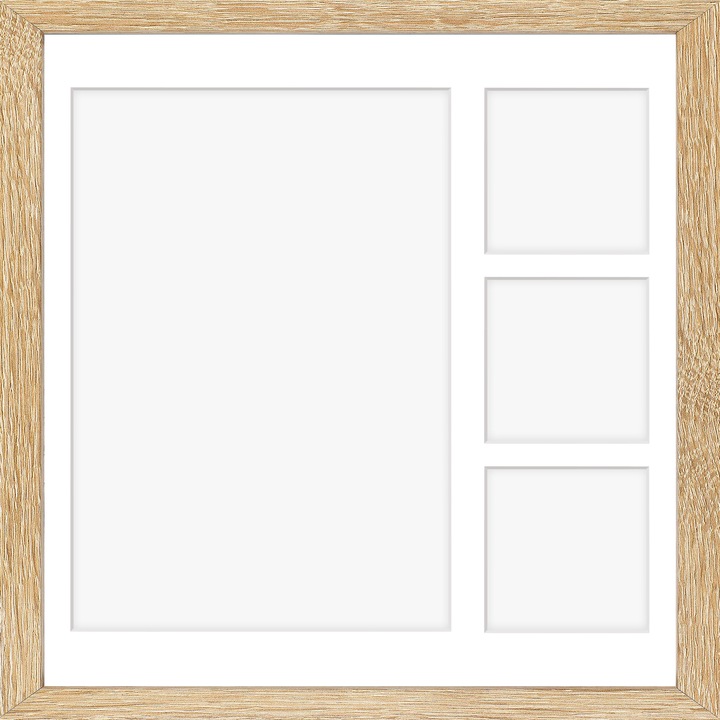 Rama foto, tablou, pentru postere, afise sau obiecte decorative – dimensiuni 40x40x4 cm – din lemn cu plexiglas, 4 compartimente pentru fotografii – montaj pe perete si/sau asezare pe birou – natur