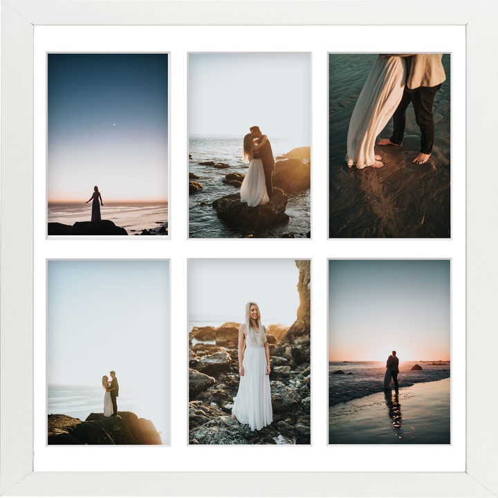 Rama foto colaj, rama decorativa pentru 6 fotografii – aFFa 40x40x6 cm – din lemn alb cu plexiglas de 1 mm – alb