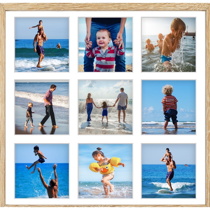 Rama foto, tablou, pentru postere, afise sau obiecte decorative – dimensiuni 40x40x9 cm – din lemn cu plexiglas, 9 compartimente pentru fotografii – montaj pe perete si/sau asezare pe birou – natur