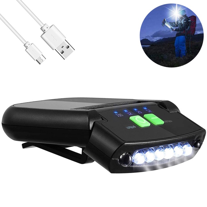 Lampa clip pentru sapca ZYBLSSBB LSM2XH1479-221693-1, LED USB reincarcabila 100 lm, baterie 1000 mAh, senzori gestuali dubli, ABS, rezistenta la apa, negru