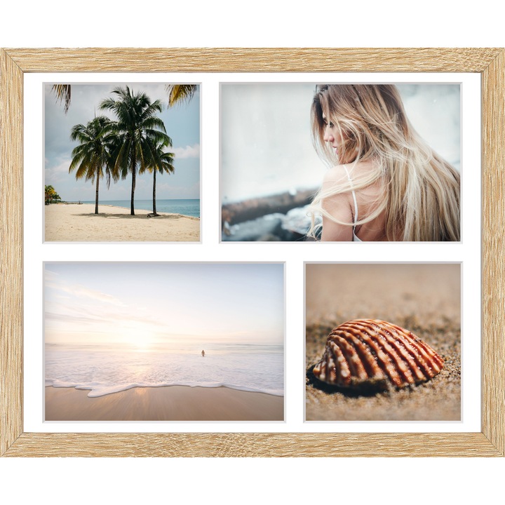 Rama foto, tablou, pentru postere, afise sau obiecte decorative – dimensiuni 24x30x4 cm – din lemn cu plexiglas, 4 compartimente pentru fotografii – montaj pe perete si/sau asezare pe birou – natur