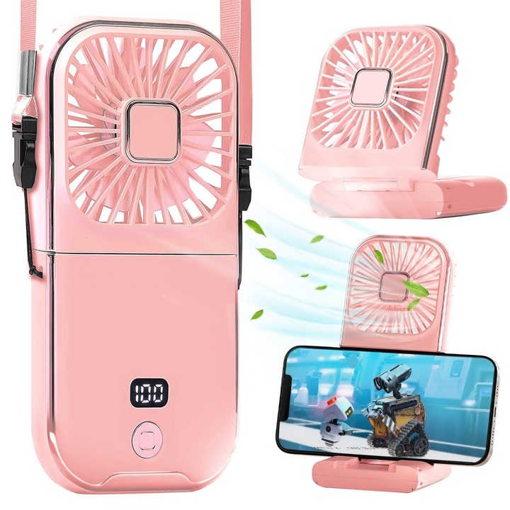 Преносим вентилатор, 3 в 1, ръчен, врата, бюро, 16,7 x 8 x 1,9 см, 3 скорости, USB зареждане, сгъваем, цифров дисплей, държач за телефон, розов
