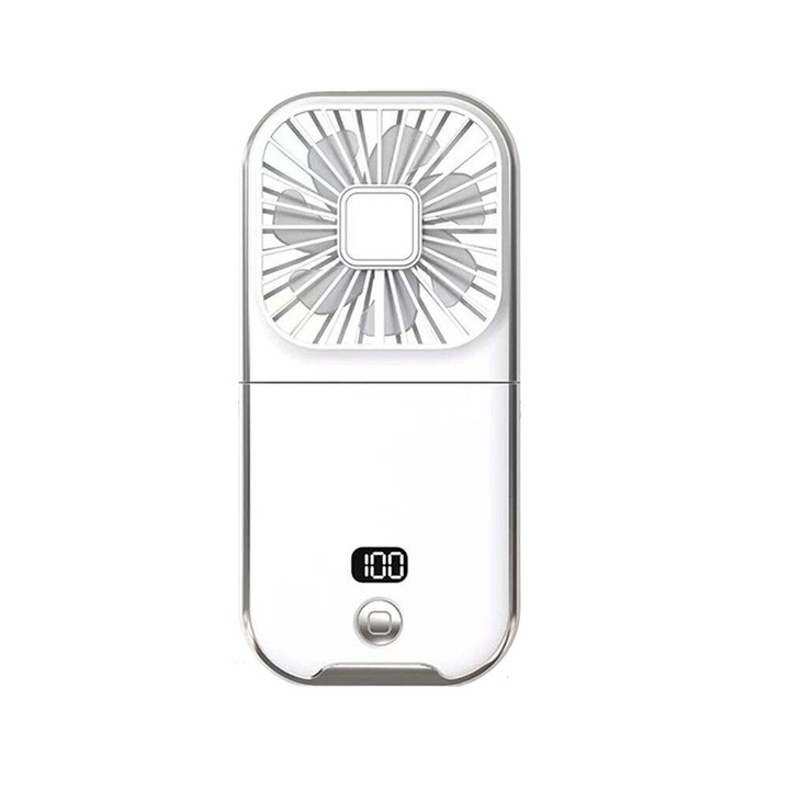 Преносим и сгъваем вентилатор с батерия / външна батерия 3000mAH, USB зареждане, 3 в 1, Ръчен, с кабел за врата, Бюро, 3 нива на скорост, Цифров дисплей, Стойка за телефон, Бял