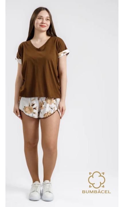 Pijama cu maneca scurta pentru dame si cu pantaloni scurti, Maro
