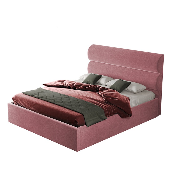 Pat dublu tapitat Paris, cadru lemn si pal, 140x200 cm, roz, cu somiera rabatabila si lada depozitare