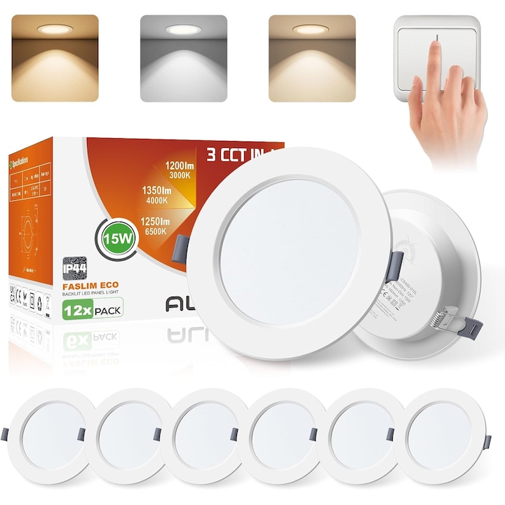 Комплект от 6 LED прожектора за вграждане Alusso, 20W, 27.5mm, тънки, 222mm, 230V, IP44, 3000K/4000K/6500K, бял цвят