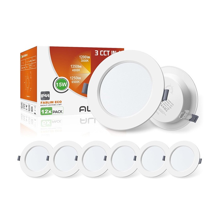 Комплект от 6 LED прожектора за вграждане ALUSSO LIGHTING, 15W, IP44, регулируема температура топло/неутрално/студено, ултраплоски, бели