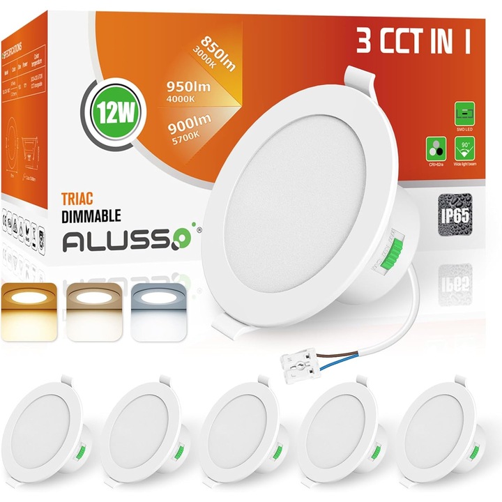 Комплект 6 LED прожектора за вграждане ALUSSO LIGHTING, 12W, 960 lm, IP65, регулируема светлина 3000K/4000K/5700K, бял