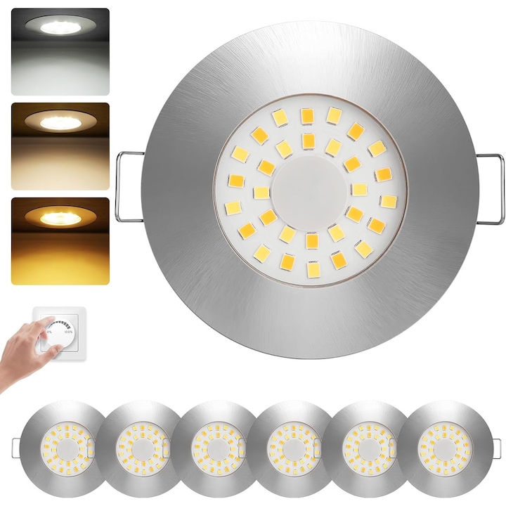 Set de 12 Spoturi LED Incastrate pentru Tavan ALUSSO, 5W, 310LM, 68mm, IP44, 3 Culori de lumina 3000K, 4000K, 6500K, Argintiu